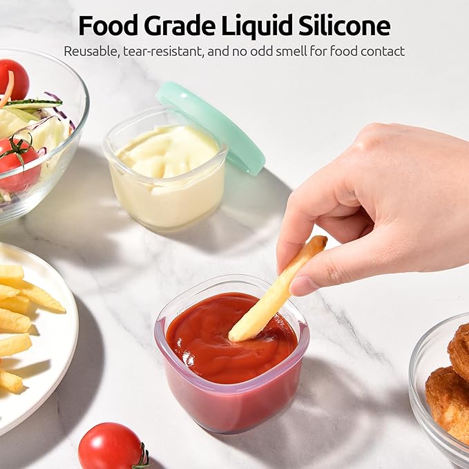 U-Taste 3oz Mini Sauce Containers: Food Grade Liquid Silicone Condiment Storage with Airtight Lid, Freezer Safe with Clear 100ml Measurements, Reusable for Dipping Ketchup, Salad Dressing (Aqua Sky)