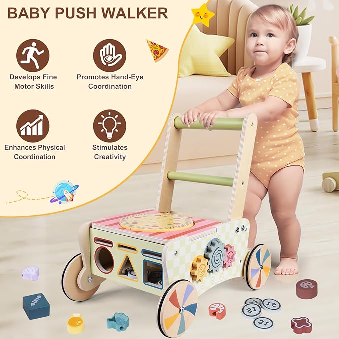 Wooden Baby Walker, Baby Push Walker, Montessori Kitchen Walker Toy, Push and Pull Learning Activity Walkers, Baby Walker with Wheels for Boys&Girls 12 Months, Baby Walker Push Toy Gifts for Toddler
