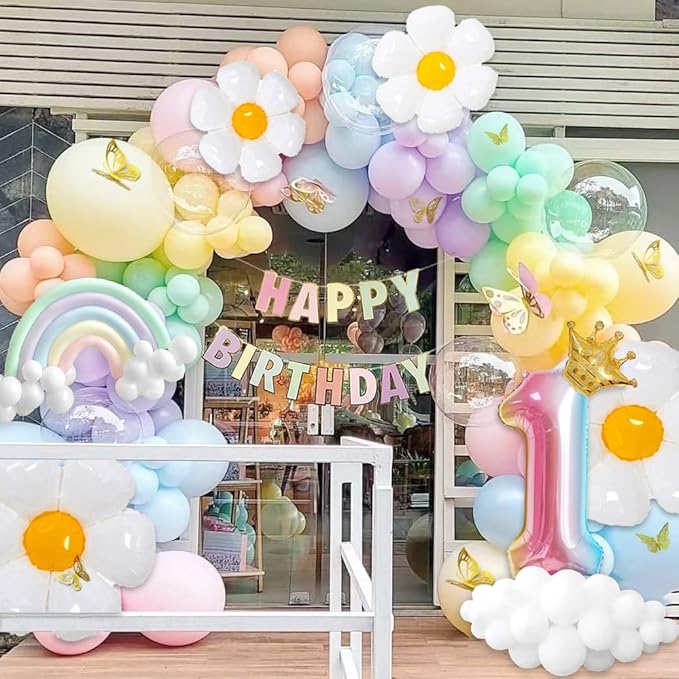 Pastel Balloon Garland Kit - 219pcs, Different Sizes 18, 10, 5 Inch Pastel Rainbow & Daisy Balloons for First Birthday Girl Baby Shower Party Arch