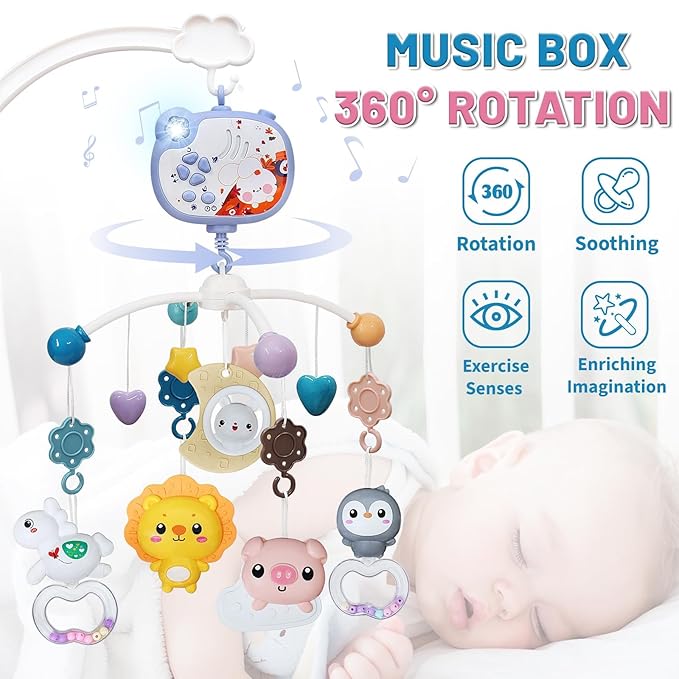 Baby Mobiles for Cribs, Crib Mobile with Music and Lights, Nursery Musical Mobile for Bassinets Hanging Toys with Remote Control, Rotation, Projection, Animal Mobile Arm Clip On for Infant Boys Girls