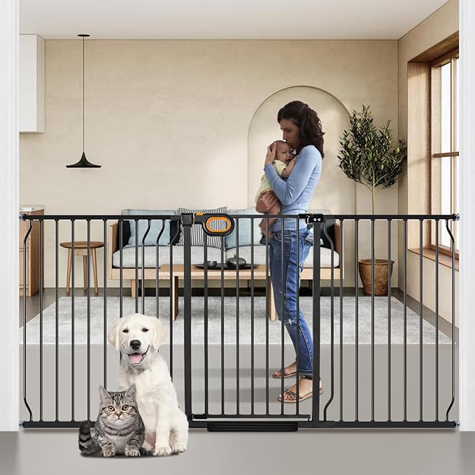 owlie 37.4" Extra Tall Wide Baby Gate for Stairs Doorways,66-75 Inch Extra Large Long Baby Gate with Door Indoor Safety Metal Pressure Mounted Pet Gate with Walk-Thru Auto Close, Black