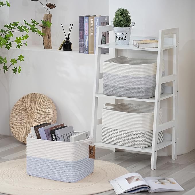 COMFY-HOMI 3PACK Cotton Rope Square Baske with Handles for Shelves|Dog Toy Baske Bin and Storage|Baby Baske for Gift|Shoe Baske for Organizing|13.5" x 11" x 9.5" for Living Room（White/Blue）