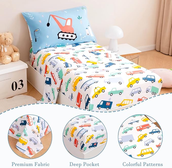 PERFEMET 4-Piece Toddler Bedding Set Boys Cars Toddler Comforter with Sheets Reversible Lightweight Blue Vehicles Toddler Bed Set for Crib(Blue, Cars)