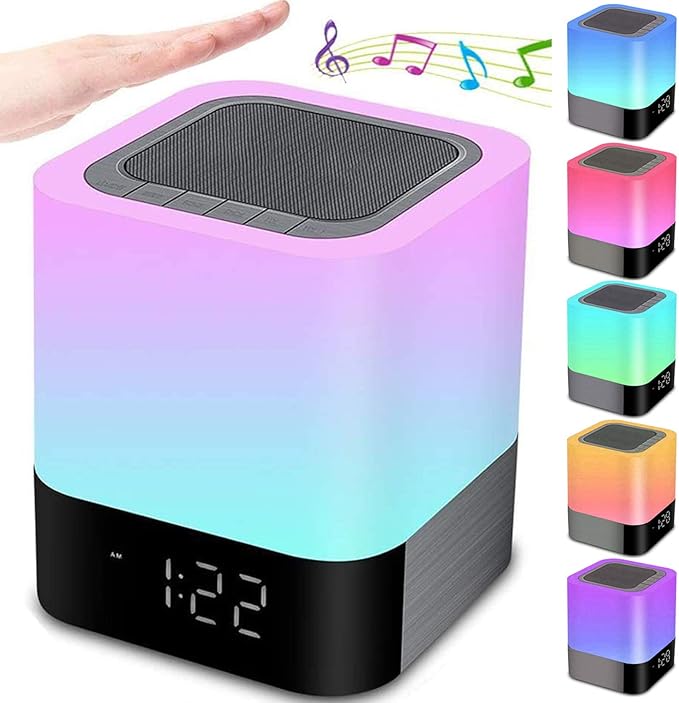 Night Lights Bluetooth Speaker, Alarm Clock Touch Sensor Dimmable Multi-Color Changing Bedside Lamp, MP3 Player, Wireless