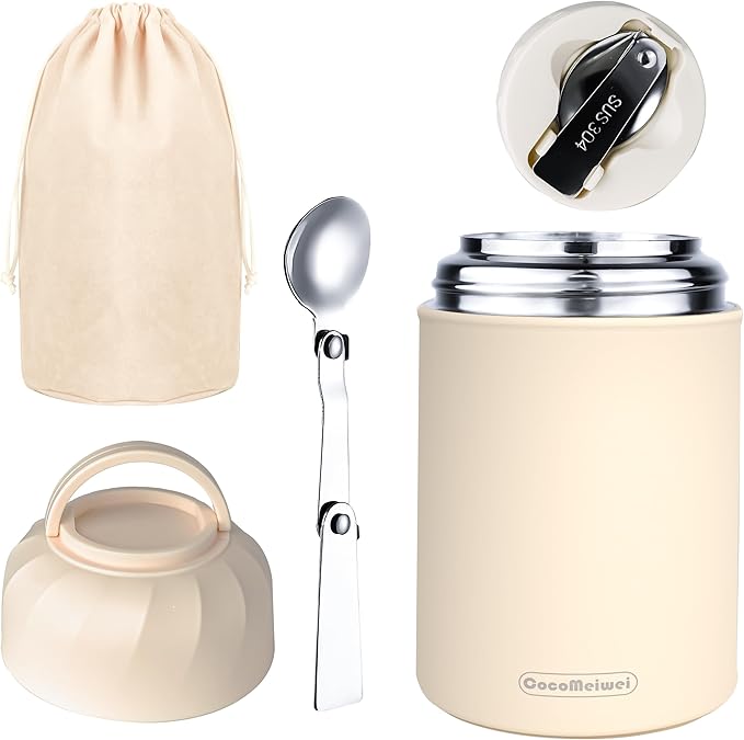 Thermo for Hot Food & Drinks, Thermo Lunch Box, 17oz Vacuum Insulated Food Container with Spoon&Drawstring Bag, Soup Thermo for Adults, White