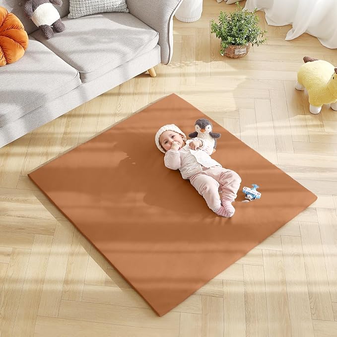 Baby Play Mat 48"x48" – Thick, Non-Slip Foam Mat for Babies and Toddlers. Foldable, Scrubbable, Odorless, and Soft, Ideal for Playpens, Crawling, and Indoor Playtime-Brown