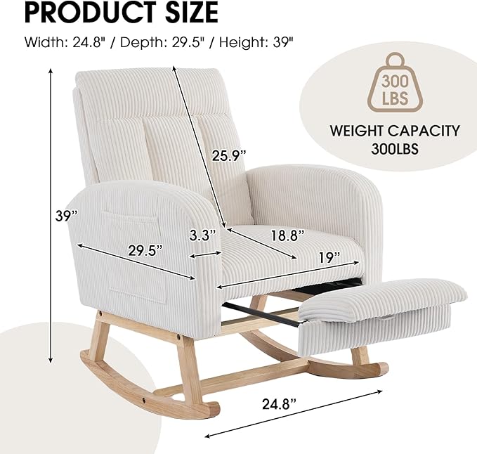 NIOIIKIT Nursery Rocking Chair, Corduroy Upholstered Rocking Chair with Adjustable Footrest, Tufted Rocker Chair with Side Pocket, Glider Rocker for Living Room, Bedroom (Cream Casual)