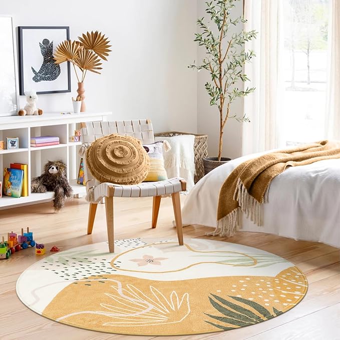 Lahome Boho Round Rugs - 6Ft Round Rug Washable Soft Circle Rugs for Living Room Non-Slip Ultra-Thin Large Round Dining Room Rug, Botanical Print Floor Throw Round Carpet for Bedroom Office Dorm Sofa