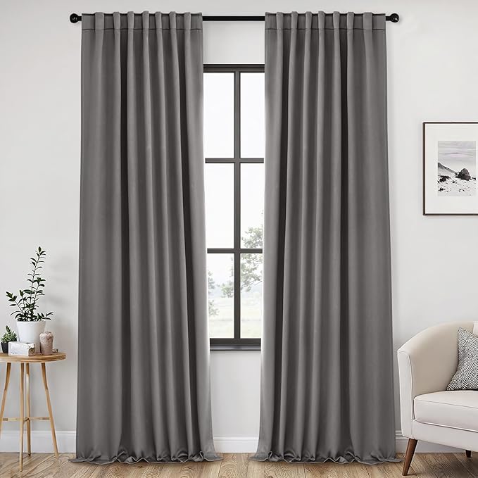 ANRODUO Back Tab Blackout Curtains for Bedroom Living Room, Rod Pocket Pinch Pleated Thermal Insulated Room Darkening Curtains 102 Inches Long 2 Panels, Grey, 52 x 102 Inch