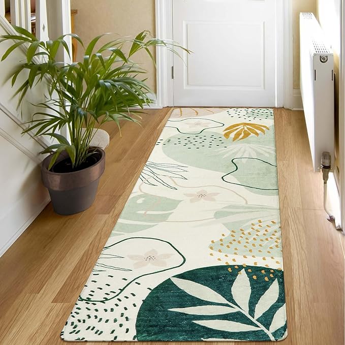 Lahome Green Runner Rugs for Hallway 2x8 Non-Slip Washable Kitchen Rugs Lightweight Low-Pile Throw Laundry Runner Rug, Boho Botanical Print Soft Indoor Carpet Runner for Entryway Bedroom Bathroom