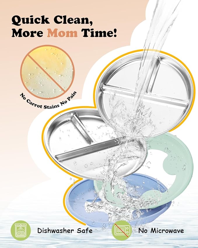 Stainless Steel Toddler Plate with Suction, 8” Divided Plates with Removable Silicone Sleeves for Baby, Non Toxic Unbreakable Kids Snack Dishes Set of 4, Sage Blue Beige Lilac