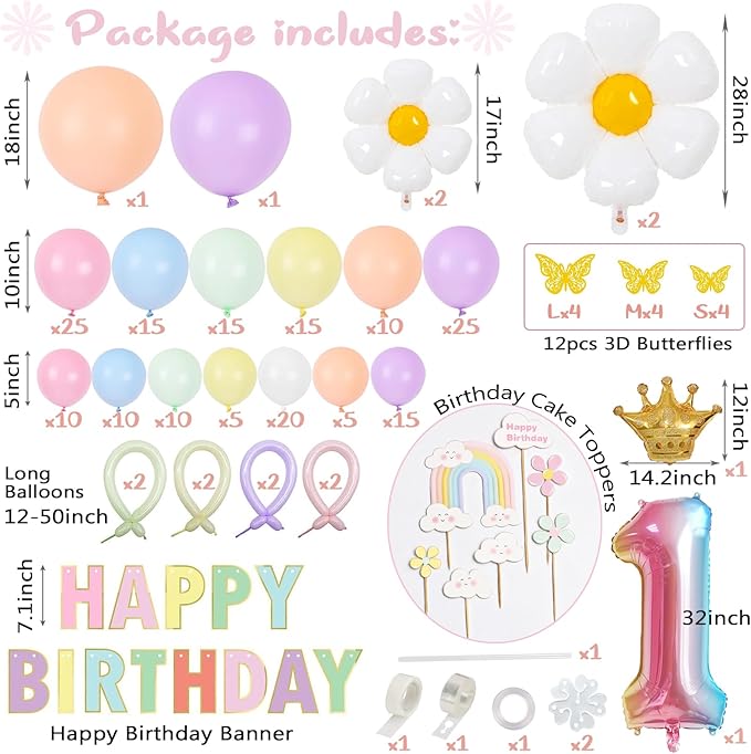 Pastel Balloon Garland Kit - 219pcs, Different Sizes 18, 10, 5 Inch Pastel Rainbow & Daisy Balloons for First Birthday Girl Baby Shower Party Arch