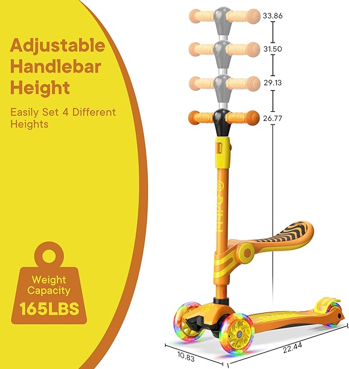 Orange 3 Wheel Scooter with Seat for Kids – Light-Up LED Wheels, Adjustable Handlebar and Seat, Smooth PU Wheels, Wide Anti-Slip Deck, Rear Foot Brake – Toddler Outdoor Toys for Ages 2+