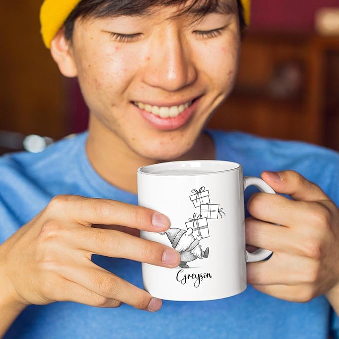 Cute Gnome With Box Accent Mug Cup Gift, Personalized Choose Name Gnome Ceramic Teacup 11 Oz 15 Oz, Unique Coffee Mug Gift For Gnomes Lover Kids Child Birthday, Custom Gnomes White Travel Mugs Gifts