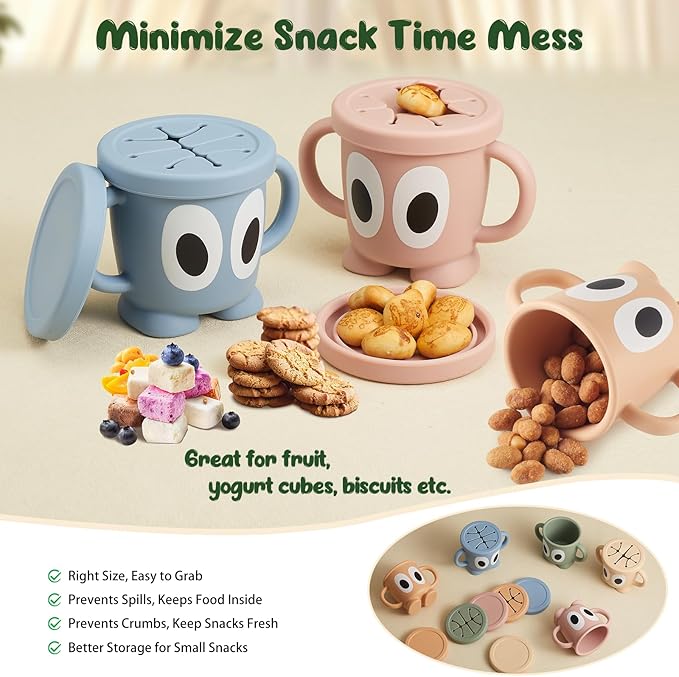 Silicone Snack Cups Food Container for Toddlers and Babies, Spill Proof Training Cup with Snack Cup Lid & Dust Proof Lid, Comes with a toy strap, Without BPA, Lead, or Phthalates (Beige)