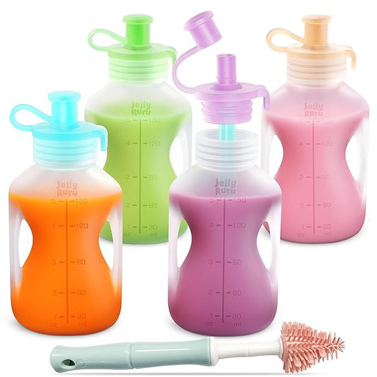 Silicone Reusable Baby Food Pouches with Straws, 4 Pack Leakproof Refillable Squeeze Pouches, Dishwasher, Freezer, Microwave Safe, 5OZ Baby Food Storage for Homemade Puree, Yogurt