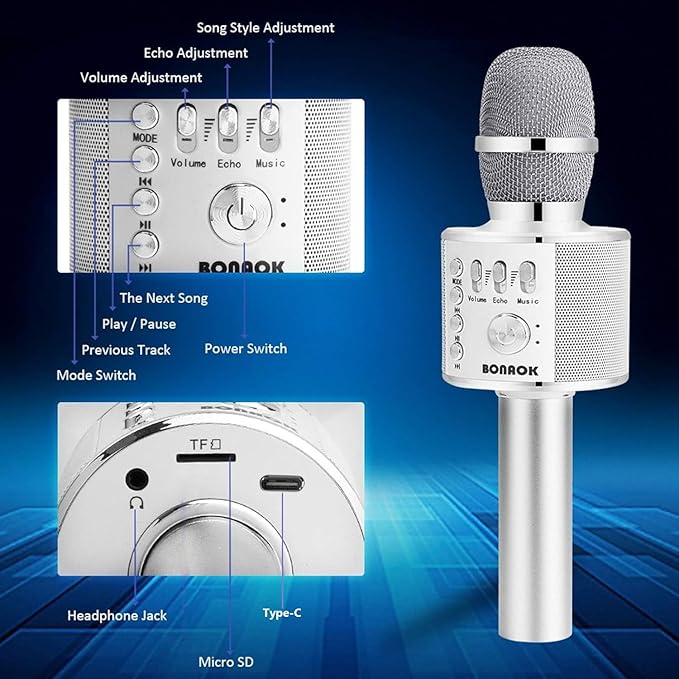 BONAOK Wireless Bluetooth Karaoke Microphone,3-in-1 Portable Handheld Mic Speaker for All Smartphones,Gifts for Kids Adults All Age Q37(Silver)