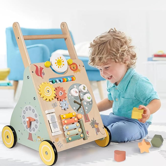 Wooden Baby Walker, Multiple Learning Activities Center Develops Motor Skills for Infant to Toddler, Push and Pull Walkers with Wheel for Boys Girls