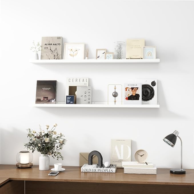 Picture Ledge Shelf, Wood Long Floating Shelves for Wall, Set of 2, 48 inch Picture Ledge Shelves, Photo Ledge Nursery Book Shelves Wall Mounted for Living Room Kids' Room Bedroom, Color White