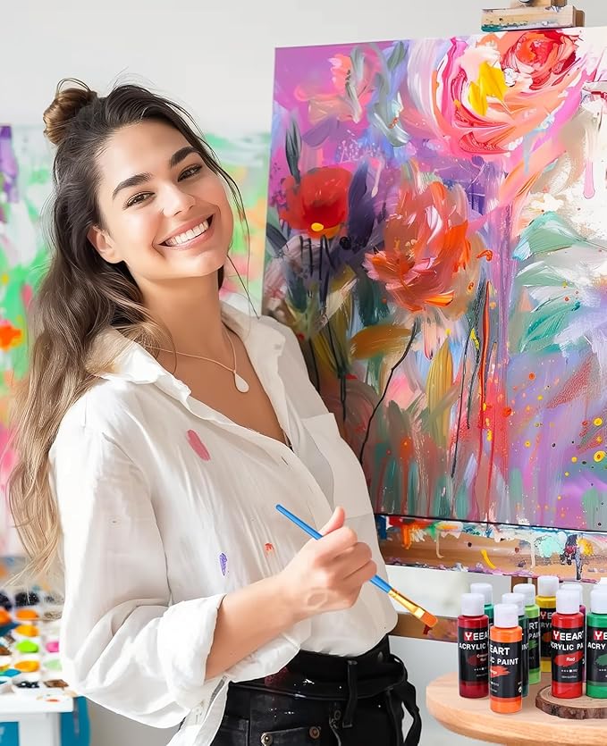 24 Colors Acrylic Paint Set, 2oz Bottles Classic Color, Rich Pigmented Canvas Paint Set, Premium Non-toxic Acrylic Paint for Artists, Kids & Adults, Art Supplies for Canvas Painting Rocks Wood Ceramic Model with 10 Brushes & Palette