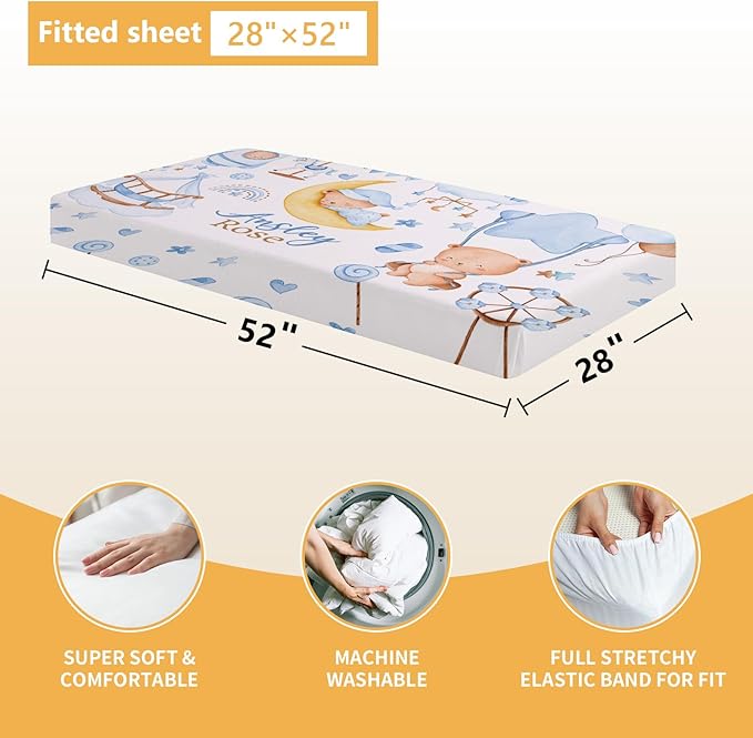 Personalized Baby Crib Bedding Set, 5 Pcs Custom Name Baby Crib Set with Double Layer Blanket, Soft Blue Moon Bear Nursery Bedding Set for Girls Boys, Customized Gifts for Toddlers Infants