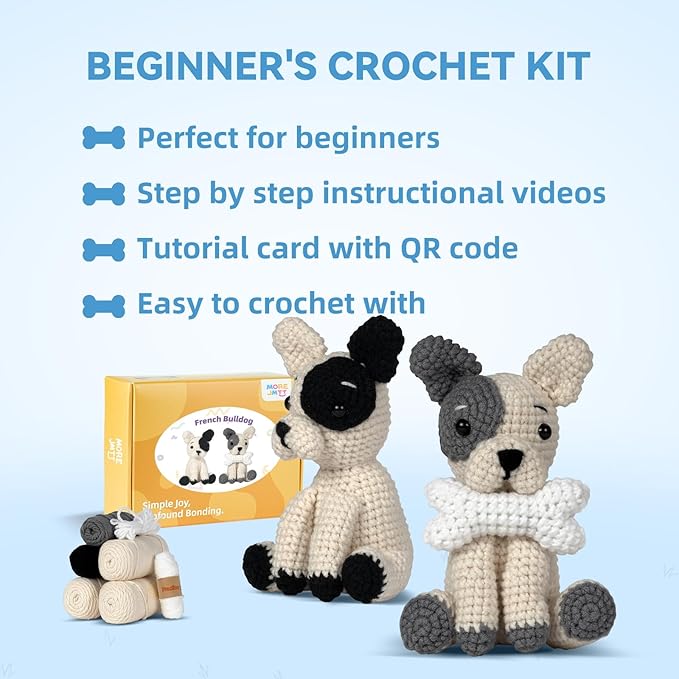 MOREJMTT Crochet Kit for Beginners Animal,Crochet Animal Kits,Crocheting Kit for Starters,Learn to Crochet with Step-by-Step Video Tutorials,Beginner Crochet Kits for Adults(2 Pack French Bulldog)