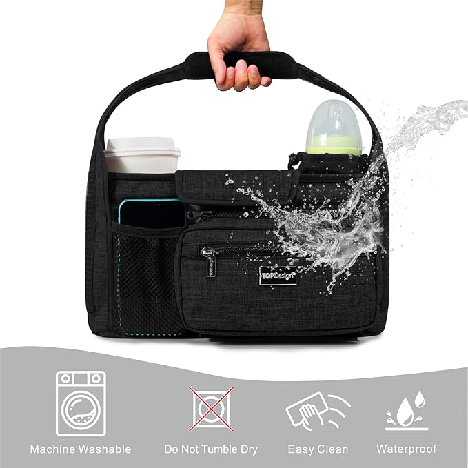TOPDesign Universal Baby Stroller Organizer, Stroller Caddy with Detachable Mesh Bag & Heightened Insulated Cup Holders & Non-Slip Secure Hooks Accessories, Fits Most Strollers (Sharks)