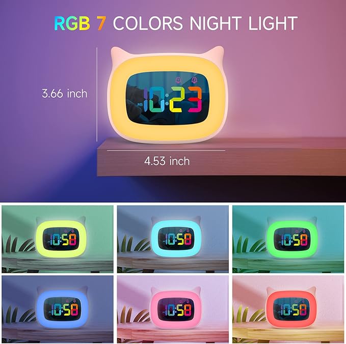 Cute Cat Ear Alarm Clock with RGB 7 Color Night Light & 18 Ringtones,Rechargeable Clock for Kids Bedroom,LED Colorful Digital Display,Bedside Clock for Boys,Girls Birthday Presents(Pink)