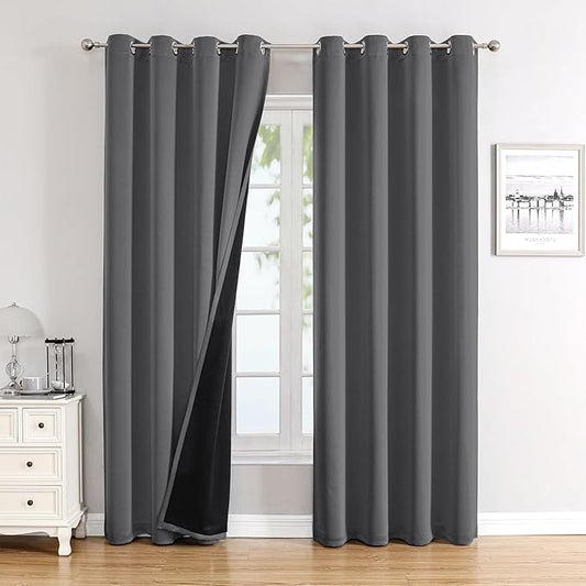 ChrisDowa 100% Blackout Curtains 102 inch Long for Bedroom with Black Liner, 2 Thick Layers Total Blackout Thermal Insulated Grommet Window Curtains 2 Panels Set (Grey, 52 x 102 Inch)