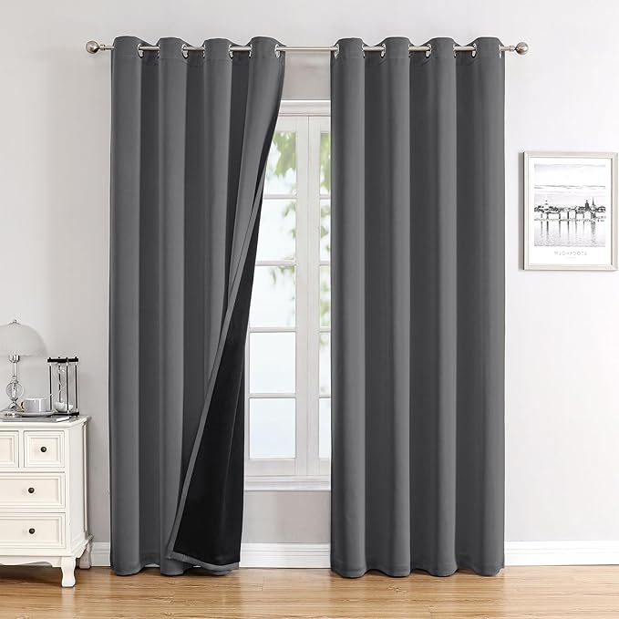 ChrisDowa 100% Blackout Curtains for Bedroom with Black Liner, 2 Thick Layers Total Blackout Thermal Insulated Grommet Window Curtains 2 Panels Set (Grey, 52 x 72 Inch)