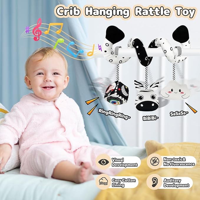 Car Seat Toys for Babies 0-6 Months,Hanging Rattle Toys for Crib Mobile, Baby Spiral Hanging Stroller Black and White High Contrast Toys for Newborn 0 3 6 9 12 Months Baby Boys Girls (Zebra)