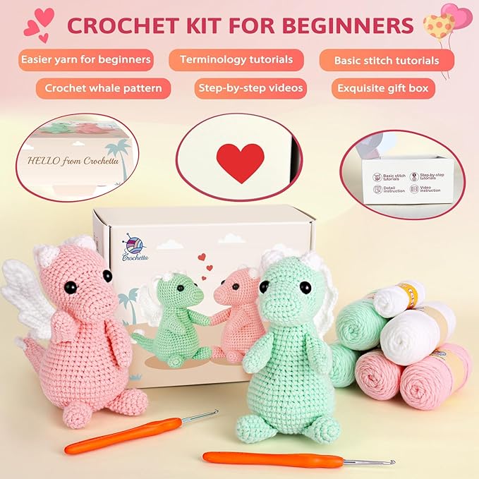 Crochetta Crochet Kit for Beginner, Crochet Starter Kit w Step-by-Step Video Tutorials, Crochet Kit for Beginners, Beginner Crochet Kit for Adults Kids Women Men Complete Kit Included (2 Dragons)