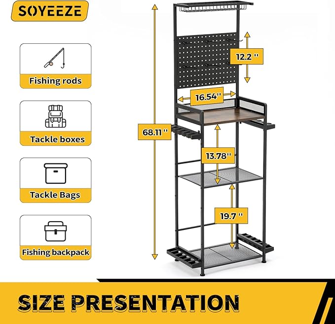SOYEEZE Fishing Rod Holders for Garage,Fishing Gear Holder for Fishing Rod Tackle Box Storage，Fishing Pole Holders for 12 Rods with Hooks and Pegboard,Fishing Cart with Reel Rack