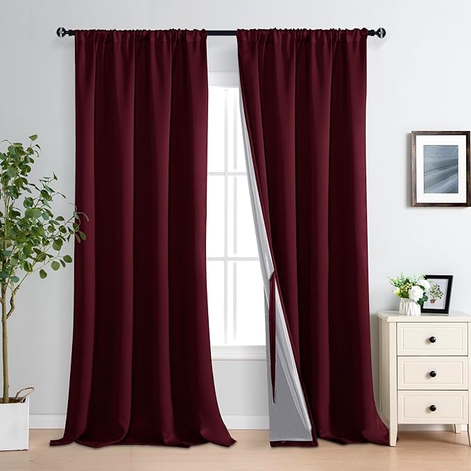 XWZO 100% Blackout Curtains Panels with Tiebacks- Heat and Full Light Blocking Window Drapes for Bedroom/Nursery, 95 Inches Long Thermal Insulated Draperies, Rod Pocket，Burgundy, W52 x L95, Set of 2
