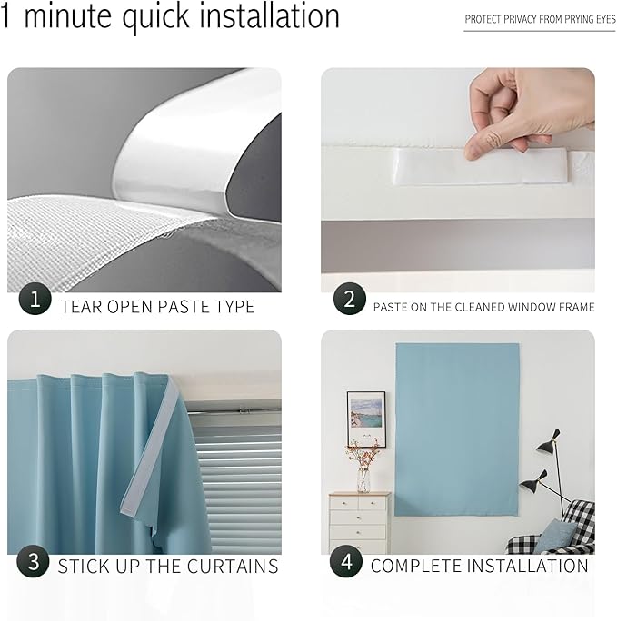 Self Adhesive Curtains, Black Out Shade for Window, Blackout Fabric Temporary Window Coverings Easy to Hang Curtains No Rod Needed, Use for Bedroom, Room, Kitchen, 59" W X 59" L, Lake Blue, 1 Panel