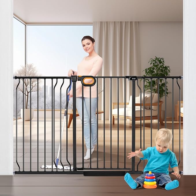 owlie 37.4" Extra Tall Wide Baby Gate for Stairs Doorways,57-66 Inch Extra Large Long Baby Gate with Door Indoor Safety Metal Pressure Mounted Pet Gate with Walk-Thru Auto Close, Black