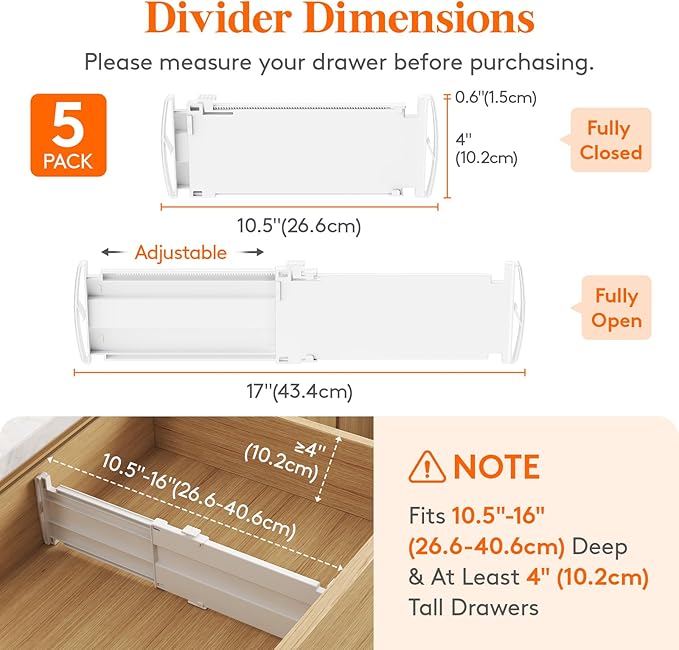 Lifewit 5 Pack Drawer Dividers 4" High, 10.5-16.5" Dresser Drawer Divider, Adjustable Drawer Organizers for Clothes, Plastic Drawers Separators for Dresser, Bedroom, Bathroom, Kitchen, Office