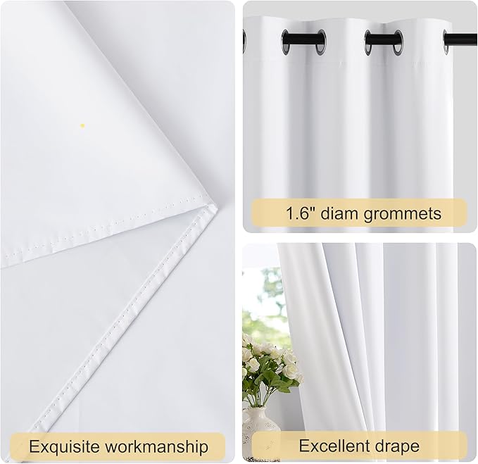 NICETOWN 100% Blackout White Curtains 48 inch Long, Grommet Thermal Window Treatment Full Blackout Curtains for Kitchen/Cafe, 2 Panels, W37 x L48