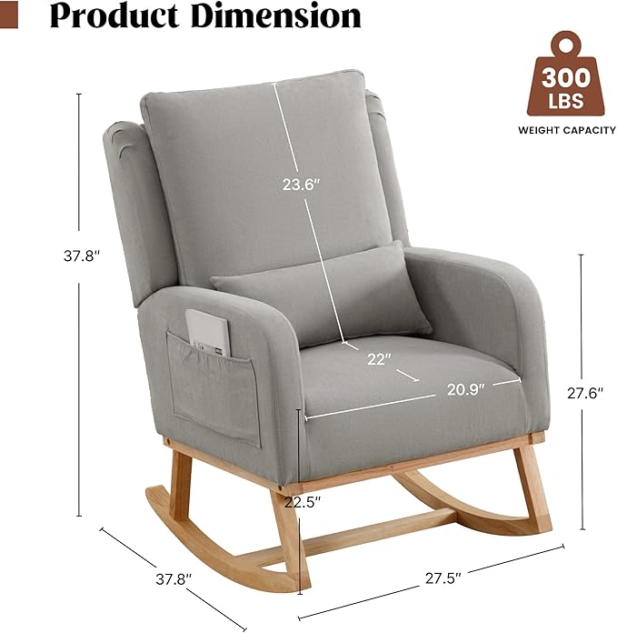 Rocking Chair Nursery, Upholstered Fabric Nursing Rocking Chairs with Lumbar Pillow, Modern Nursery Glider Rocker Morden Accent Rocking Chair for Mom Nursery, Living Room, Bedroom, Grey