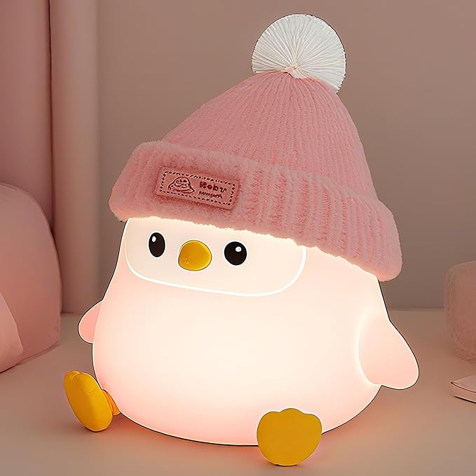 Penguin Silicone Night Light, Cute Pink Penguin Lamp with Knitted Hat, Soft Nursery Nightlight, USB Rechargeable/Dimmable,LED Squishy Novelty Animal Bedside Lamp,Funny Gifts for Kids/Girls
