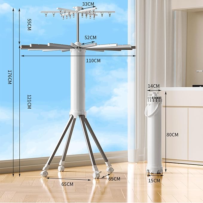 4-Legged Foldable and Portable Clothes Drying Rack,Collapsible Octopus Drying Rack with Wheels and Aluminum Rods,360°Rotatable Design for Indoor Outdoor Use-White