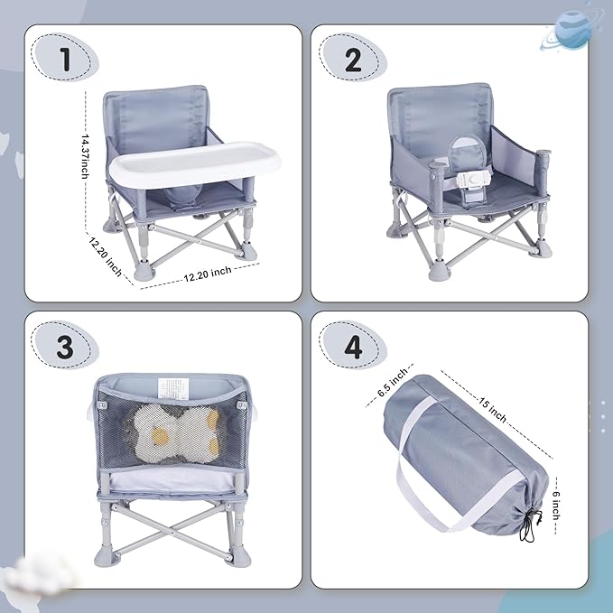 Portable Baby Booster Seat with Tray, Toddler Booster seat for Dining, Camping, Travel, Baby Beach Chair 6 Months to 3 Years Old Indoor Outdoor Use Grey