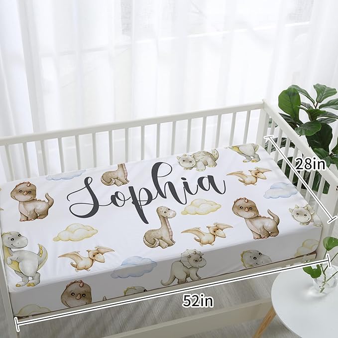 Personalized Baby Crib Bedding Set, 5-Piece Cute Dinosaur Baby Crib Sets with Custom Name, Toddler Double Layer Blanket Fitted Sheets Changing Pad Cover Rug Wall Art Set, Charming Nursery Decor