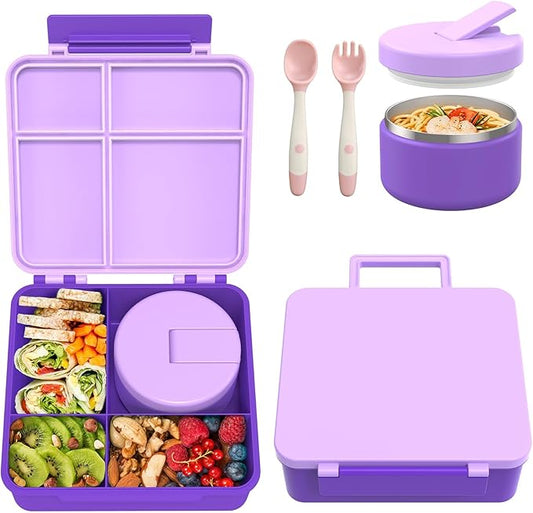 Bento Lunch Box with 8oz Soup Thermo, Kids Leakproof Lunch Food Containers with 4 Compartment, Kids Thermo Insulated Hot Food Jar for School, Trvael (Purple)