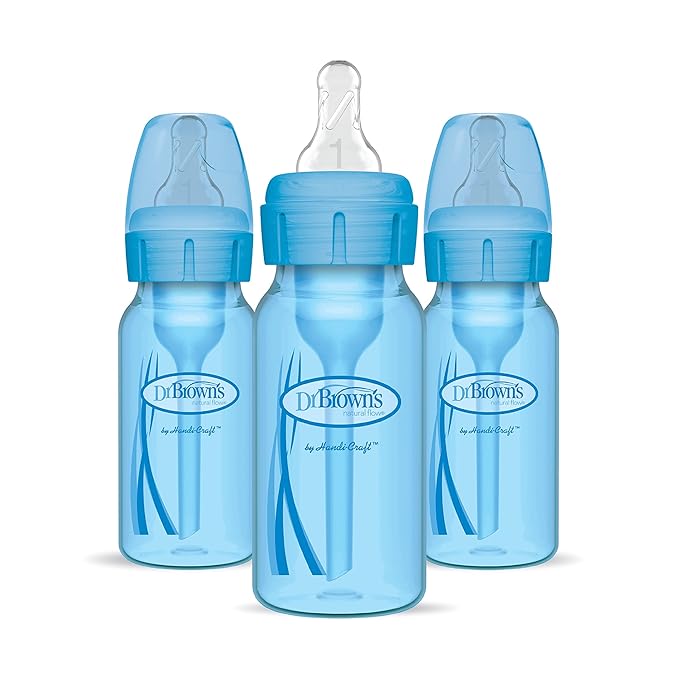 Dr. Brown’s Natural Flow® Anti-Colic Options+™ Narrow Baby Bottles 4 oz/120 mL, with Level 1 Slow Flow Nipple, 3 Pack, 0m+ Blue
