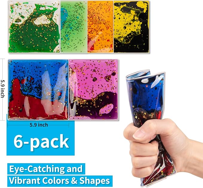 Art3d 6”x6” Square Sensory Fidget Liquid Motion Tiles for Kids, Toddler, Teens - Interactive Soft Gel Liquid Play Mats for Home, Schools, Playrooms, Multi-Pack of 6 Tiles