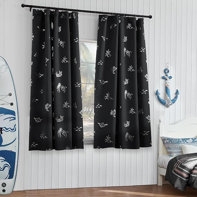 Vangao Kids Curtains for Boys Bedroom Kids Blackout Curtains 63 Inch Length Ocean Aquarium Nursery Drapes for Girls Bedroom Silver Sea Animals Print Thermal Insulated Drapes, Black 2 Panels