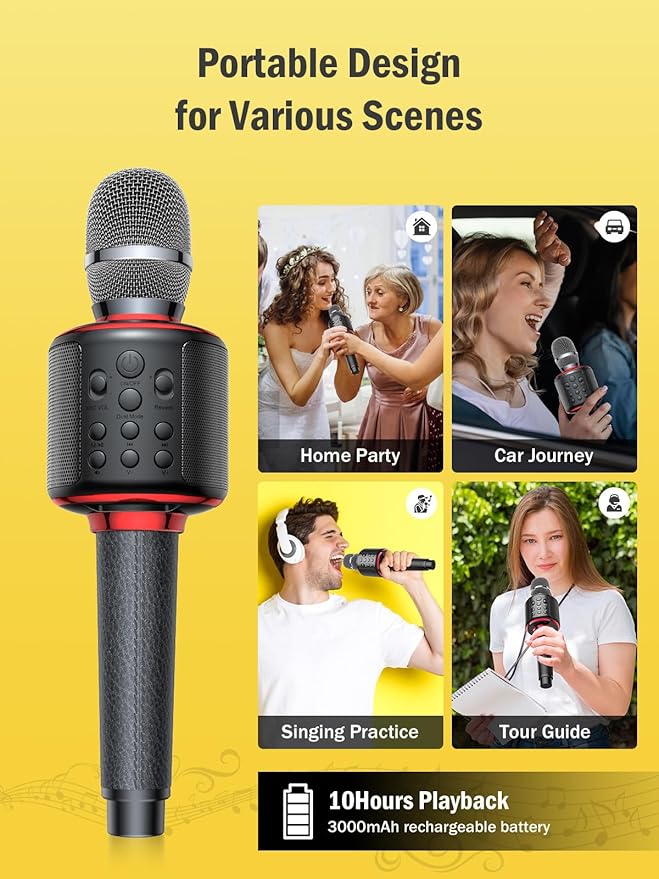Wireless Bluetooth Karaoke Microphone, Built-in Loud Speaker for 10H Playback, Add Reverb/Duet Mode/Earbuds Monitoring, Portable Karaoke Machine for Entertainment & Singing Practice (Black&Red)