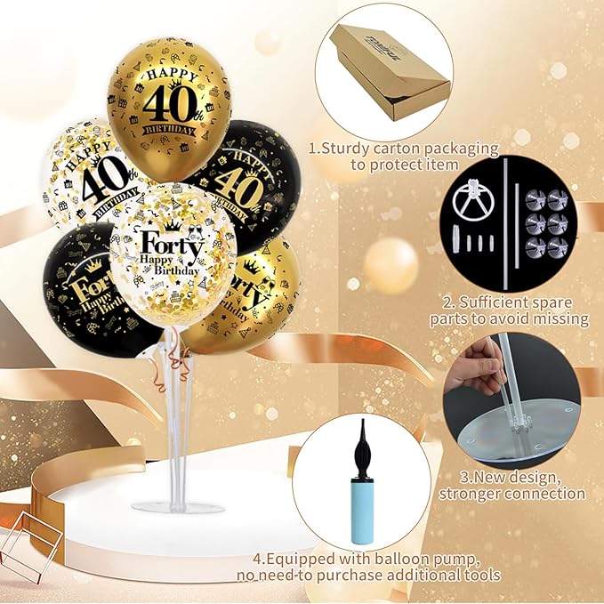 TONIFUL 4 Set Black Gold Balloon Stand Kit for Birthday Decorations for 40th,Balloon Centerpieces for Table Party Decorations Cheers to 40 Years Old Birthday for Men and Women