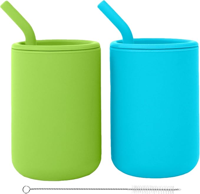 WeeSprout Silicone Baby Cups With Straws and Lids, 4 & 8 oz Options, Set of 2, Food Grade Toddler Training Container, Built In Straw Stoppers, Measurement Markings, Dishwasher Safe + Straw Cleaner